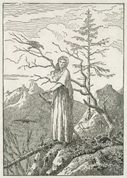 Femme avec un corbeau au bord d